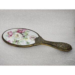 Vintage Ornate Handheld Mirror Floral Porcelain Antique Brass Vanity Victorian